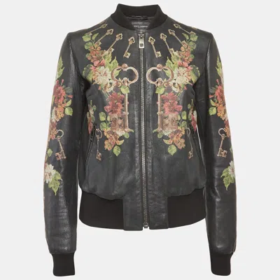 Pre-owned Dolce & Gabbana Black Floral Print Leather Bomber Jacket M