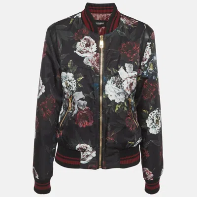 Pre-owned Dolce & Gabbana Black Floral Print Leather Trim Bomber Jacket M