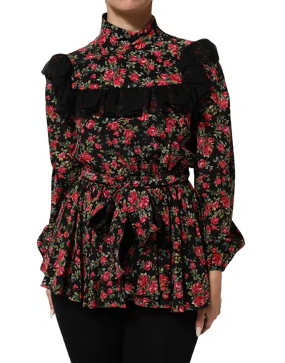 Dolce & Gabbana Black Floral Print Long Sleeve Blouse Top In Multi