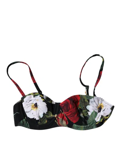 Pre-owned Dolce & Gabbana Black Floral Print Nylon Balconcino Bra Women's Underwear ()