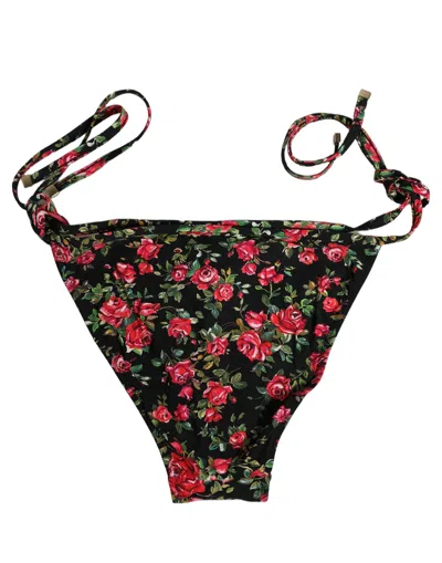 Dolce & Gabbana Black Floral Print Nylon Beachwear Bikini Bottom