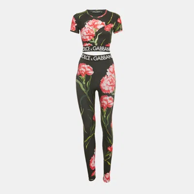 Pre-owned Dolce & Gabbana Black Floral Print Nylon Cropped Top & Leggings Set S