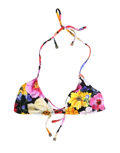 Dolce & Gabbana Black Floral Print Nylon Halter Bikini Top Swimwear In Multi