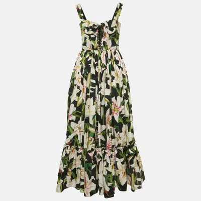 Pre-owned Dolce & Gabbana Black Floral Print Poplin Lace-up Corset Midi Dress Xs