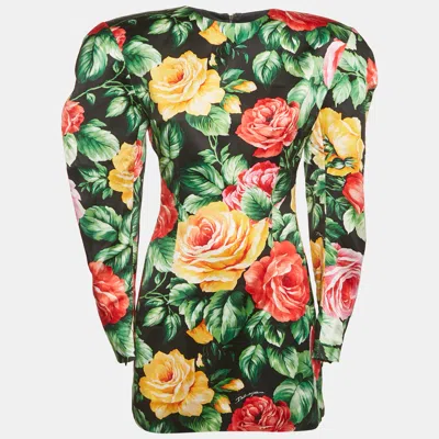 Pre-owned Dolce & Gabbana Black Floral Print Satin Puff Sleeve Mini Dress S