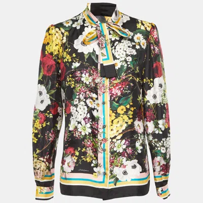 Pre-owned Dolce & Gabbana Black Floral Print Silk Button Front Shirt M