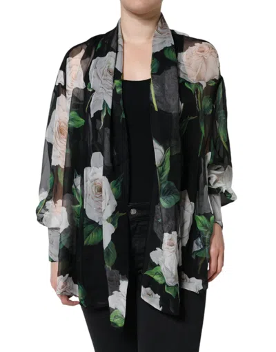 Pre-owned Dolce & Gabbana Black Floral Print Silk Cardigan Blouse Women's Top ()