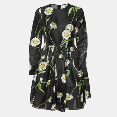 Pre-owned Dolce & Gabbana Black Floral Print Silk Flared Short Dress M