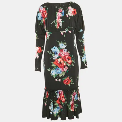 Pre-owned Dolce & Gabbana Black Floral Print Silk Flounce Midi Dress M