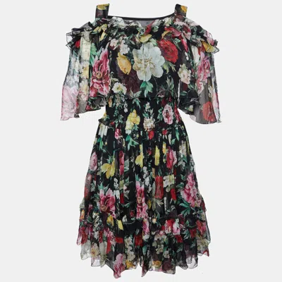 Pre-owned Dolce & Gabbana Black Floral Print Silk Ruffled Dress M