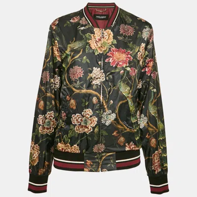 Pre-owned Dolce & Gabbana Black Floral Print Synthetic Bomber Jacket L