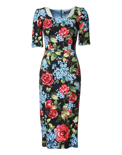 Dolce & Gabbana Black Floral Print Viscose Sheath Midi Dress In Blue