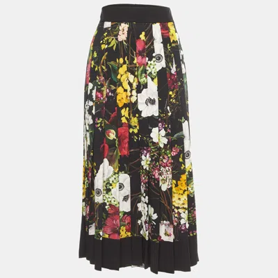 Pre-owned Dolce & Gabbana Black Floral Printed Silk Georgette Pleated Midi Skirt L