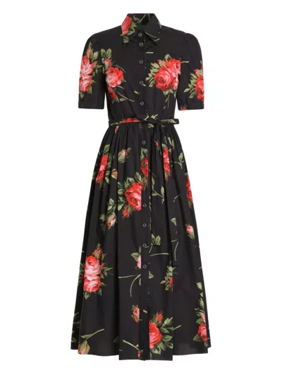 Dolce & Gabbana Black Floral Short Sleeve Dress With Belt In Multi