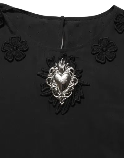 Dolce & Gabbana Black Floral Silk Heart Appliqué Blouse Top