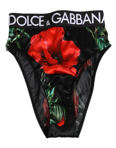DOLCE & GABBANA BLACK FLORAL SILK HIGH WAIST PANTY UNDERWEAR