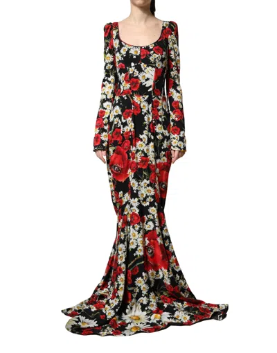 Dolce & Gabbana Black Floral Silk Long Sleeves Gown Dress In Multi
