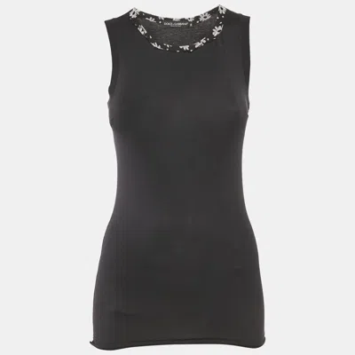 Pre-owned Dolce & Gabbana Black Floral Silk Trim Jersey Sleeveless Top Xs In White