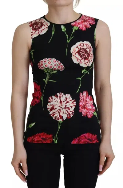 Pre-owned Dolce & Gabbana Black Floral Sleeveless Tank Top Silk Women's Blouse ()