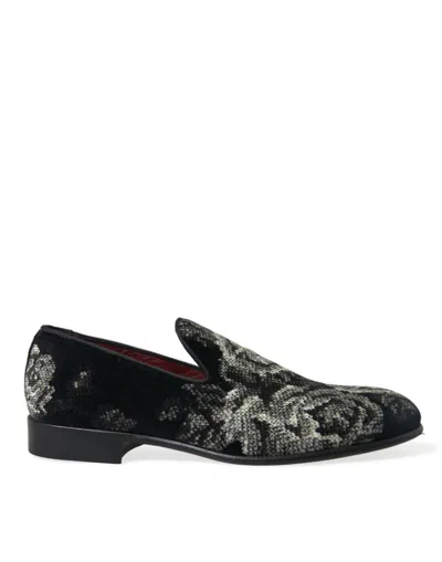 Dolce & Gabbana Black Floral Slippers Men Loafers Dress Shoes