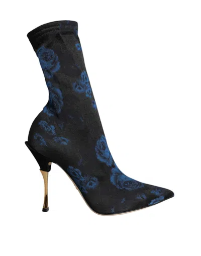 Dolce & Gabbana Black Floral Stretch Mid Calf Boots Shoes In Metallic