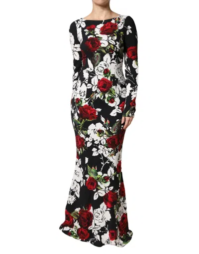 Dolce & Gabbana Black Floral Viscose Bodycon Long Gown Dress In Multi