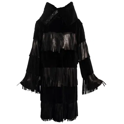 Pre-owned Dolce & Gabbana Black Fur And Leather Fringed Coat, Fw 2003