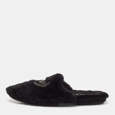 Pre-owned Dolce & Gabbana Black Fur Crown Crystal Embellished Flat Mules Size 44