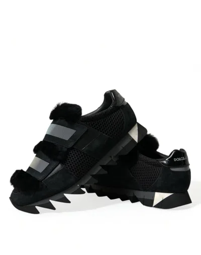 Dolce & Gabbana Black Fur Embellished Suede Trainers Shoes
