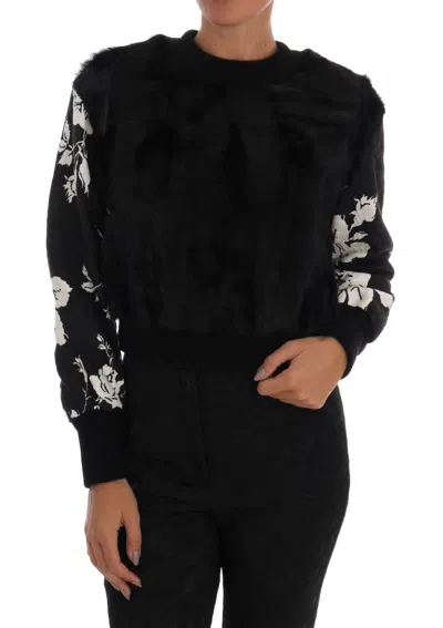 Dolce & Gabbana Black Fur Floral Brocade Zipper Women's Sweater