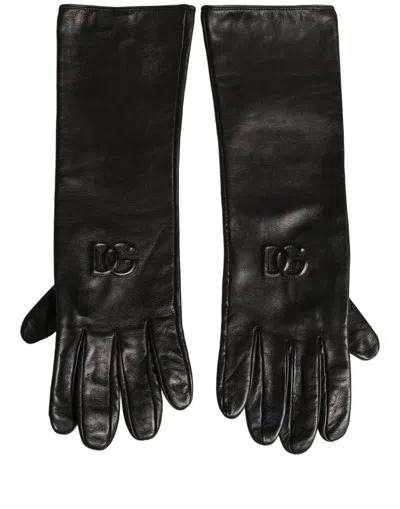 Dolce & Gabbana Black Genuine Leather Embossed Dg Logo Women's Gloves