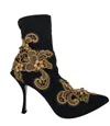 Dolce & Gabbana Black Gold Embroidery Crystal Boots Shoes In Black