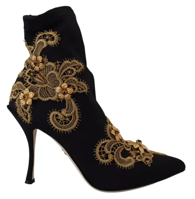 Dolce & Gabbana Gold-embroidered Crystal Ankle Boot In Black