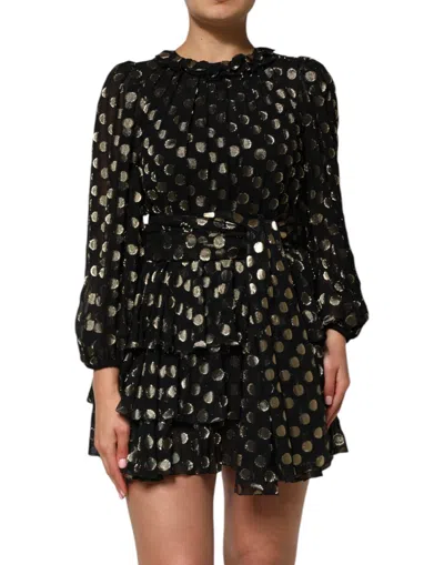 Dolce & Gabbana Black Gold Polka Dot Silk Brocade Mini Women's Dress
