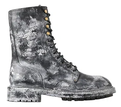 Pre-owned Dolce & Gabbana Chic Black Lace-up Boots With Gray White Fade In Black Gray