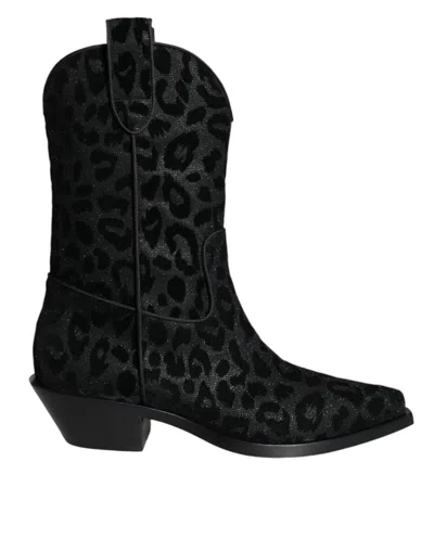 DOLCE & GABBANA BLACK GRAY LEOPARD COWBOY BOOTS SHOES