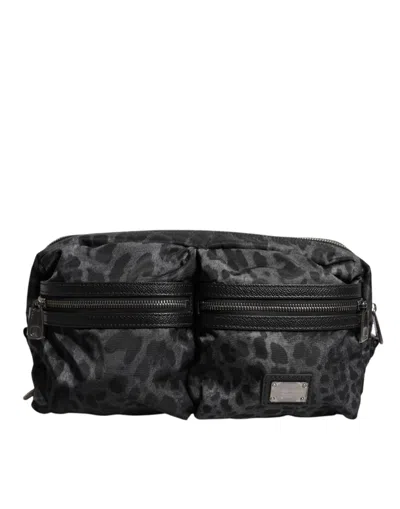 Dolce & Gabbana Black Gray Leopard Dg Logo Belt Waist Fanny Pack Men's Bag