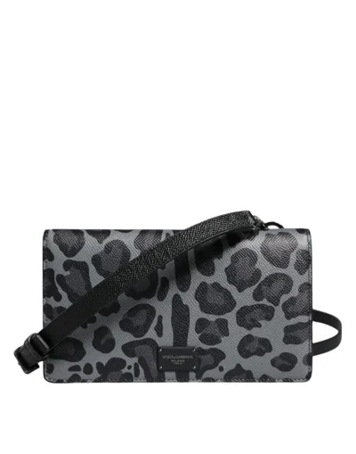 Dolce & Gabbana Black Gray Leopard Leather Bifold Card Slot Crossbody Women's Bag In Multi
