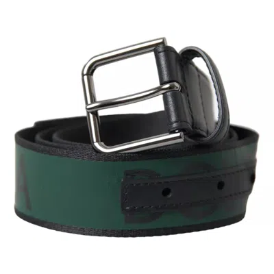 Pre-owned Dolce & Gabbana Black Green Leather Silver Metal Buckle Men's Belt () In Black And Green