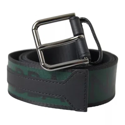 Pre-owned Dolce & Gabbana Black Green Logo Silver Metal Buckle Men's Belt () In Black And Green