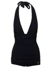 Dolce & Gabbana Black Gathered One-piece Swimsuit With Logo Patch In Stretch Polyamide Woman In Black