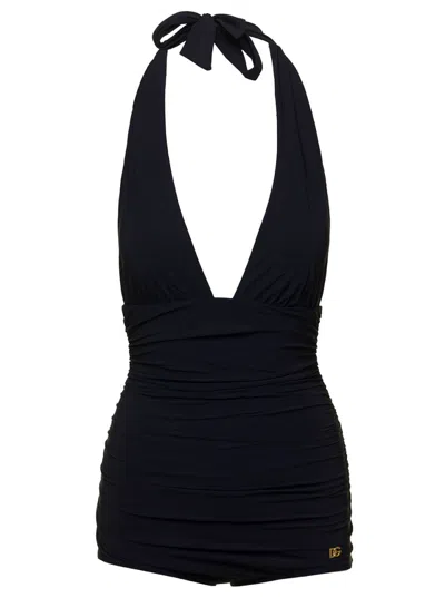 DOLCE & GABBANA BLACK HALTERNECK RUCHED SWIMSUIT