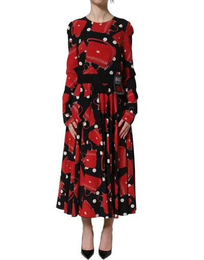 Dolce & Gabbana Black Handbag Print Long Sleeve Midi Women's Dress In Multi