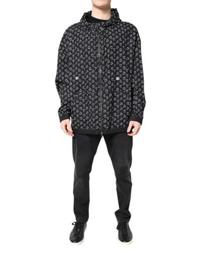 Dolce & Gabbana Heart Print Hooded Windbreaker Jacket In Black