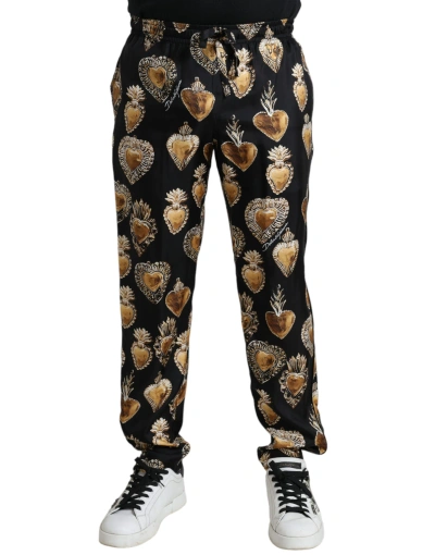 Dolce & Gabbana Black Heart Print Silk Men Pyjama Trousers