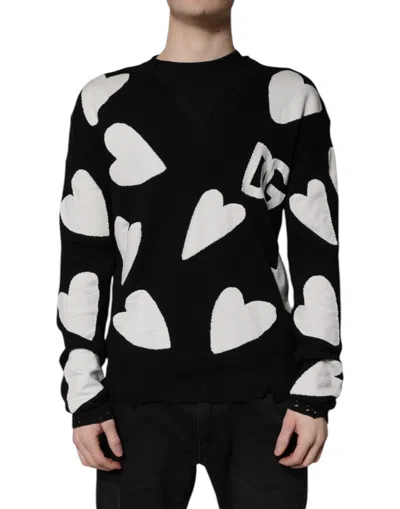 Dolce & Gabbana Black Hearts Silk Crew Neck Pullover Sweater In Multi