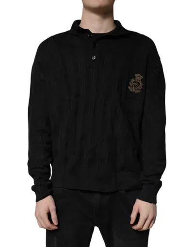 Pre-owned Dolce & Gabbana Black Heraldic Silk Buttoned Pullover Men's Sweater ()