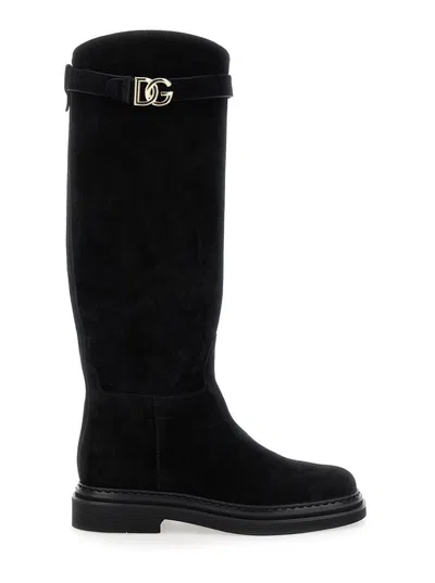 Dolce & Gabbana Black High Boots With Dg Logo In Suede Woman