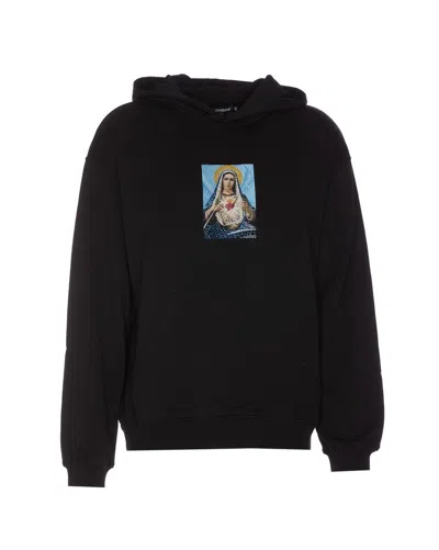 Dolce & Gabbana Black Hoodie With Print And Fusible Rhinestone In Cotton Man