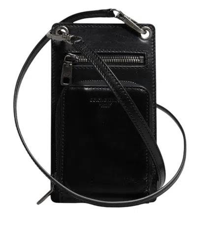 Pre-owned Dolce & Gabbana Black Horse Leather Zip Logo Shoulder Neck Strap Men's Wallet ()